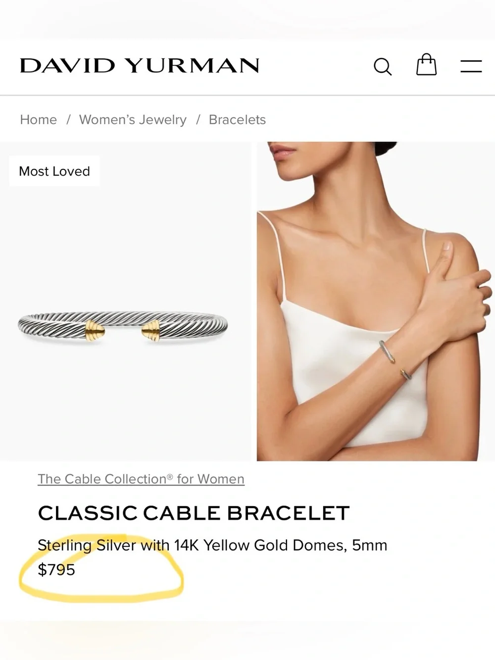 David Yurman Classic Cable Bracelet, 925, 14K